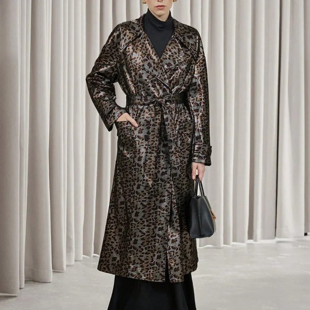 Multicolor Elegant Women's Leopard Print Faux Leather Trench coat / Jacket